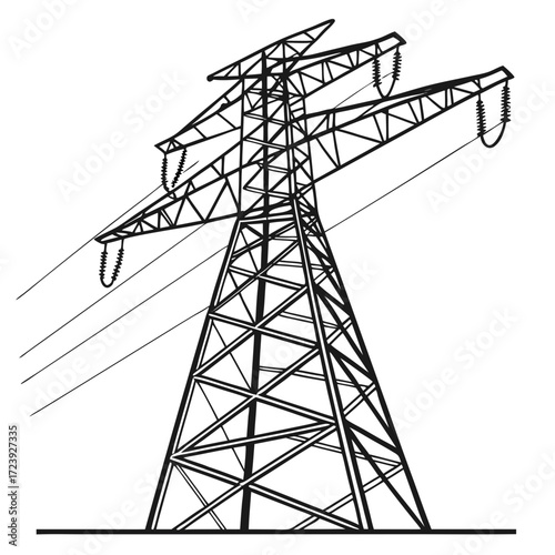 Black and white illustration of a tall industrial electricity pylon with power lines against a white background
