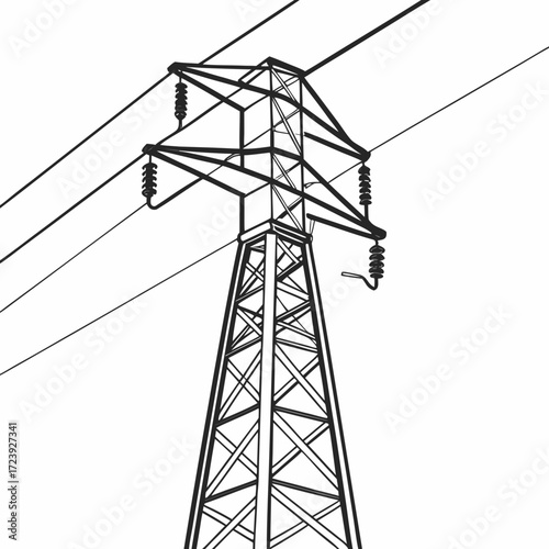 Black and white illustration of a high voltage electricity pylon with power lines against a white background