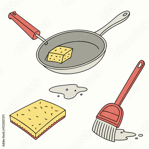 Cartoon illustration of a frying pan with butter a sponge and a brush with spilled liquid