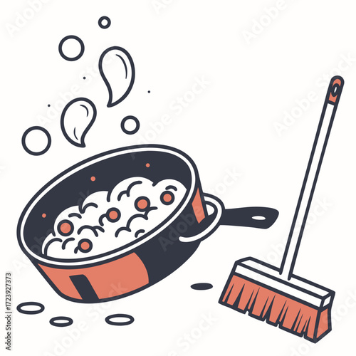 Cartoon illustration of a spilled pot of food with a broom ready to clean up the mess