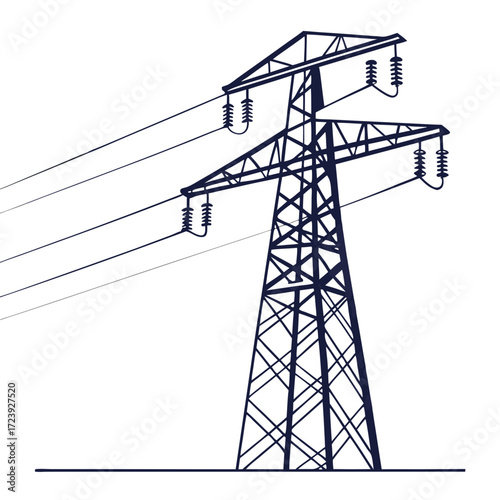 Dark blue silhouette of a high voltage electricity pylon with power lines against a white background