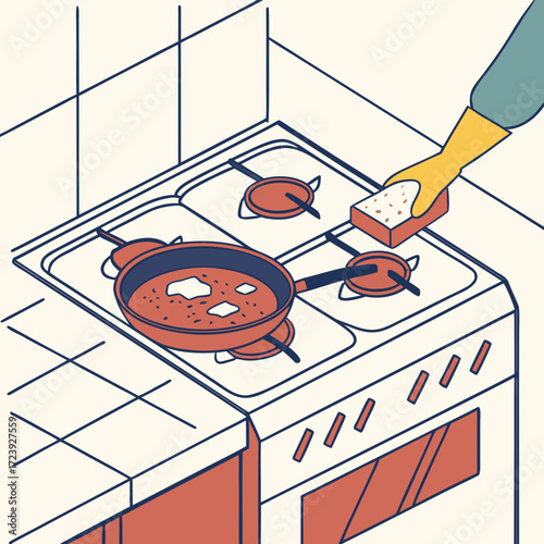 Hand wearing yellow glove cleans a stovetop with a sponge near a cooking pan