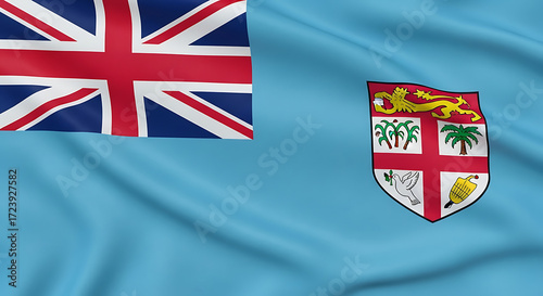 A closeup of the national flag of fiji waving gently, showcasing the union jack and fijian coat of arms, symbolizing the countrys history, culture, and connection to the commonwealth, representing nat
