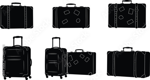 Travel luggage silhouettes, trolley suitcase and vintage baggage icons, vector illustration