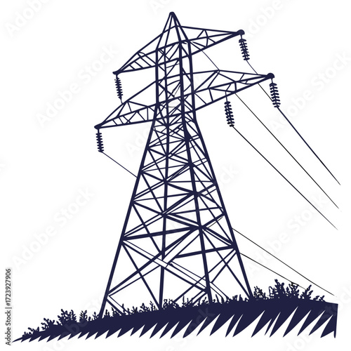Silhouette of a tall electricity pylon with power lines stretching across a white background