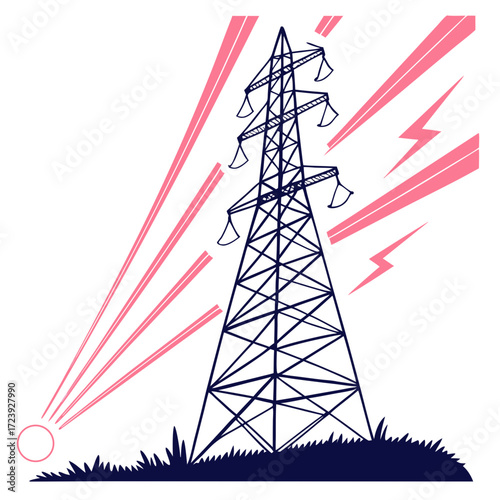 Stylized illustration of a dark blue electricity pylon with pink energy rays and lightning bolts on a white background