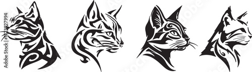 Vector art of collection of cat head silhouettes with tribal tattoo design