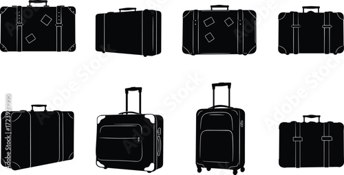 Travel suitcase silhouettes, luggage bags with handles and wheels, vacation baggage icons, vector illustration