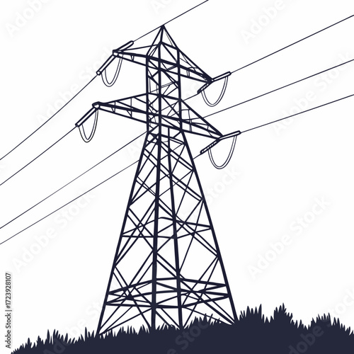 Stylized illustration of a tall metal electricity pylon with power lines against a white background