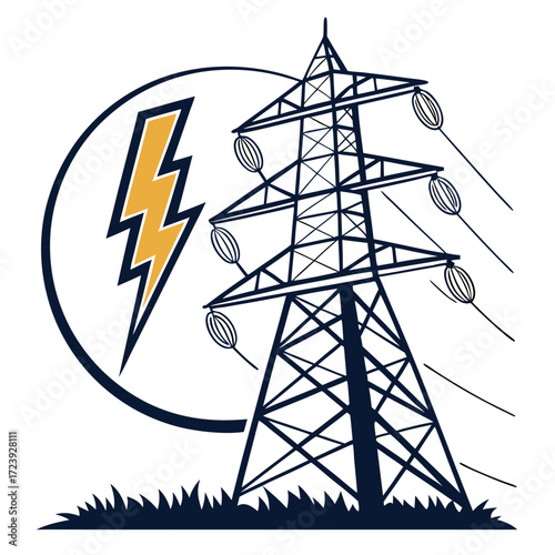 Stylized illustration of an electricity pylon with a lightning bolt symbol and power lines against a white background