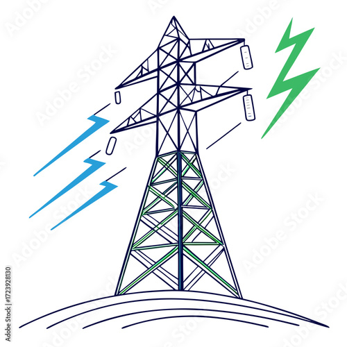 Stylized illustration of an electricity pylon with blue and green lightning bolts symbolizing power and energy transmission