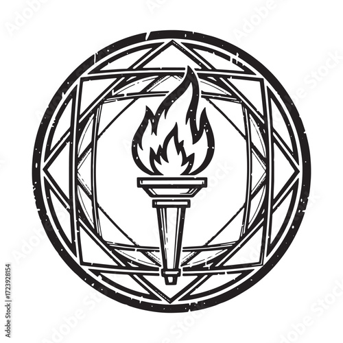 Mystical torch emblem representing knowledge and enlightenment