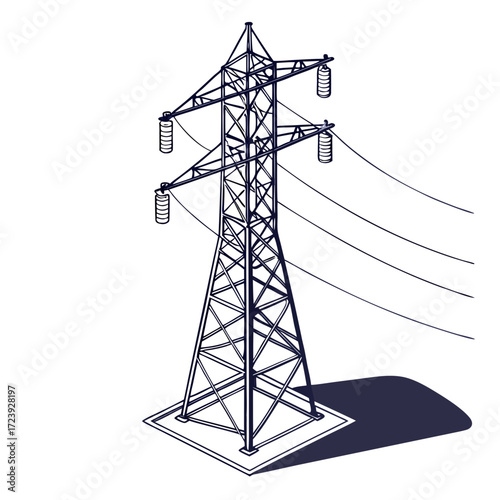Stylized line drawing of a tall electricity pylon with power lines and a shadow on a white background