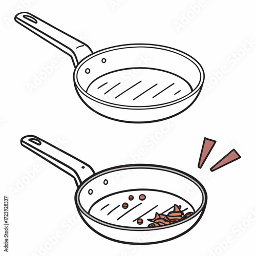 Two simple line drawings of frying pans one empty and one with food cooking on a grill pan