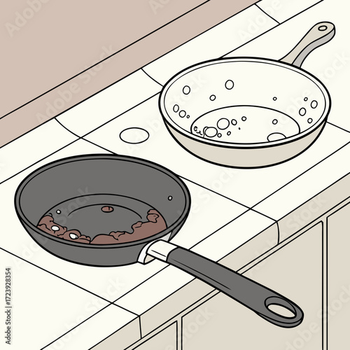 Two frying pans on a stovetop one with cooking meat and the other with oil bubbles