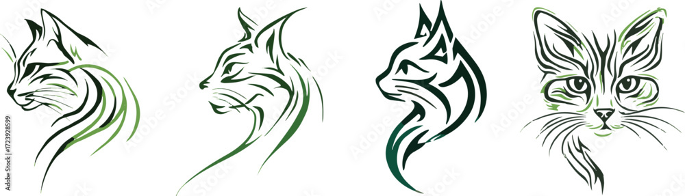 Obraz premium Vector art of collection of cat face illustrations in green color