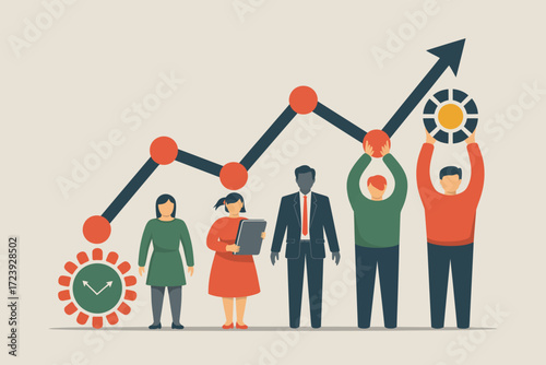 Diverse team celebrates upward business growth and success