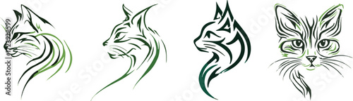 Vector art of collection of cat face illustrations in green color