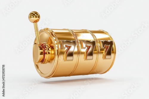 A golden slot machine with triple sevens is shown, symbolizing a jackpot win and luck in gambling, isolated on a white background