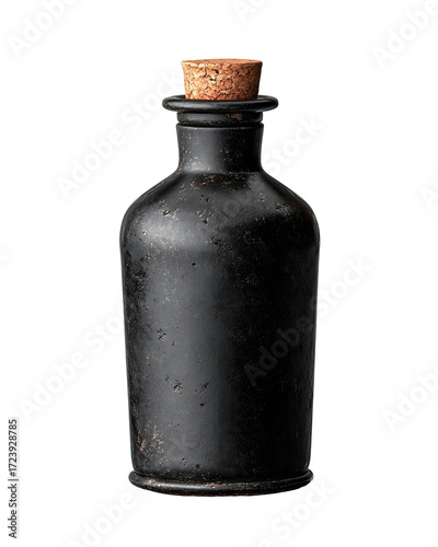 Matte black apothecary bottle with cork and tapered neck, isolated on transparent background.
