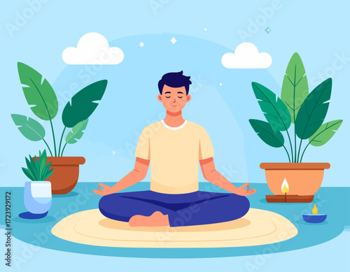 An illustration of a man meditating in a peaceful lotus pose outdoors, surrounded by potted plants. The scene conveys a sense of calm and spiritual practice in a tranquil setting.
