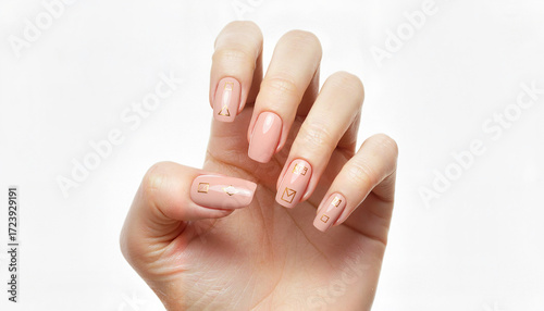 Woman's hand showcasing elegant nude nail polish on white background  