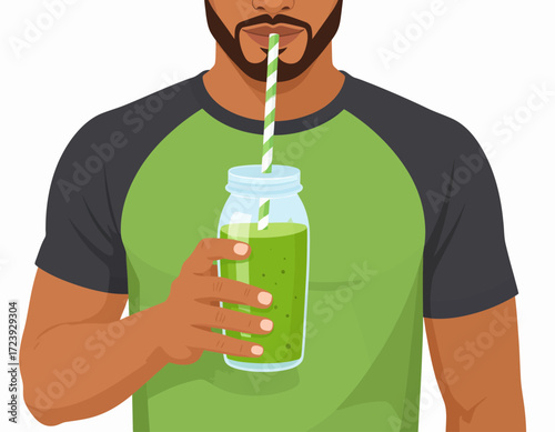 A close-up illustration of a man with a beard drinking a healthy green smoothie from a jar. The image emphasizes wellness, nutrition, and a healthy lifestyle.
