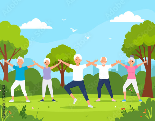 An illustration of a cheerful group of senior citizens doing a stretching and exercise routine outdoors in a public park with a city background.