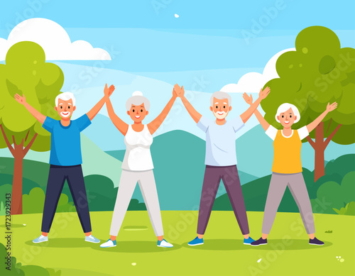 A small group of cheerful senior friends doing a synchronized stretching exercise in a beautiful park. The scene depicts friendship and an active, healthy lifestyle for older adults.