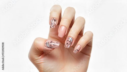 Woman's hand with stylish pink nail art and floral designs  