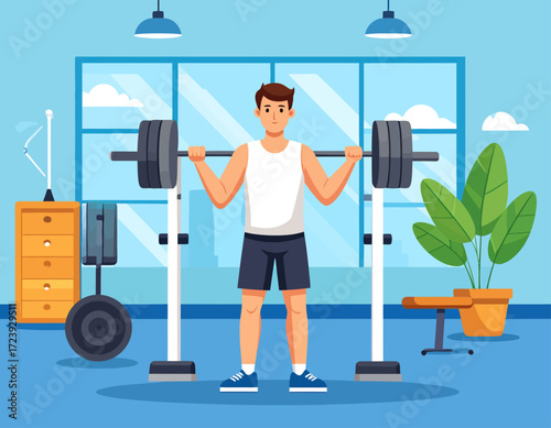 An illustration of a young man performing squats with a barbell at the gym, symbolizing strength training, fitness, and a healthy lifestyle.