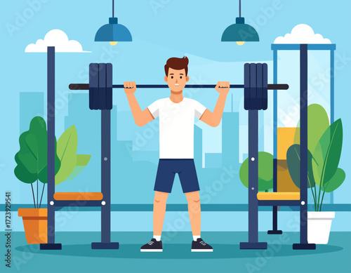 An illustration of a young man performing squats with a barbell at the gym, symbolizing strength training, fitness, and a healthy lifestyle.