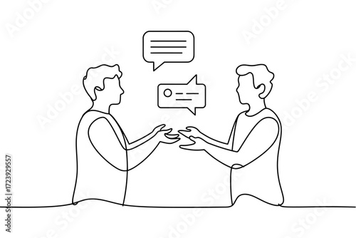 Two people engaged in conversation, exchanging ideas through speech bubbles in a minimalist line art style.