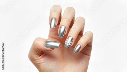 Elegant silver manicure with glitter on long nails against white background  