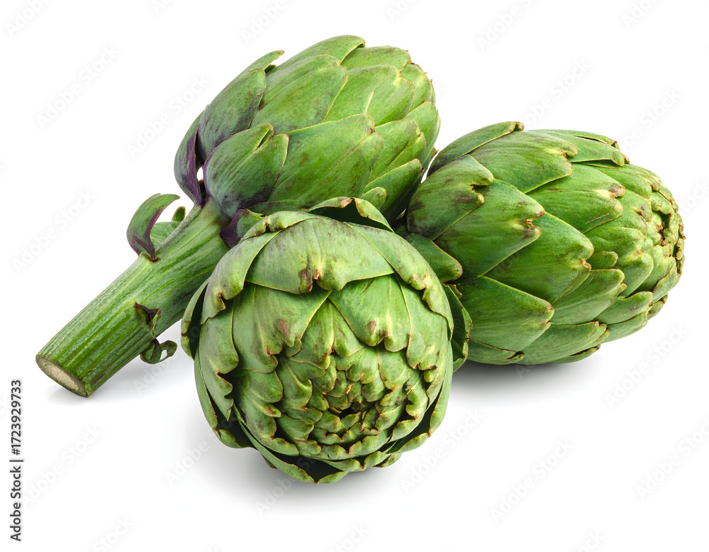 Fototapeta premium Three artichokes isolated on white background generative AI
