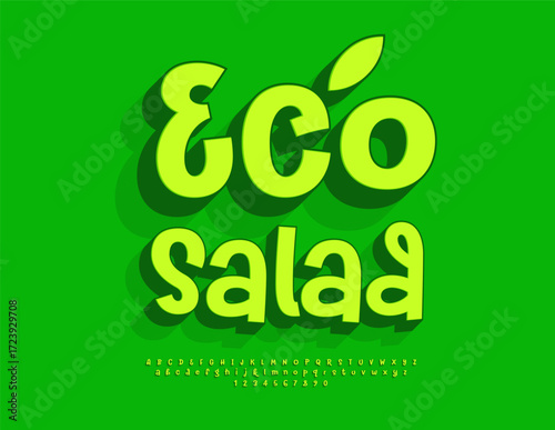 Vector Vegan sticker Eco Salad. Handwritten Green Font. Unique 3D Alphabet Letters and Numbers set.