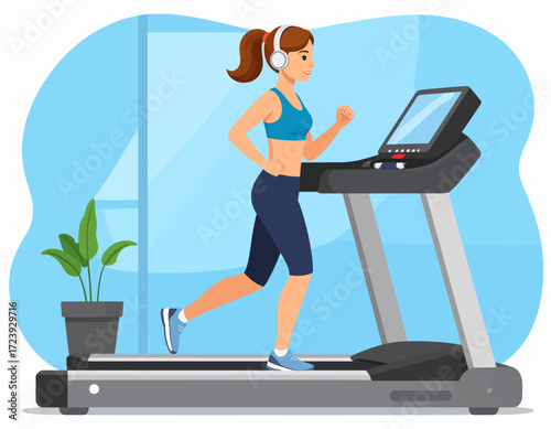 An illustration of a young woman in sportswear and headphones, jogging on a treadmill at home, representing a healthy and active lifestyle.