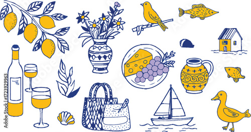 Doodle style illustration of picnic elements including food and drinks in yellow and blue colors