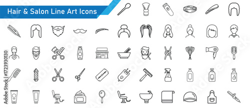 Hair & Salon Line Art Icons Pack - Scissors, Comb, Hair Dryer, Barber Pole, Shampoo, Haircut and Beauty Salon Vector Collection