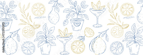 Seamless pattern with lemon slices potted plants and cocktail glasses in a line art style design