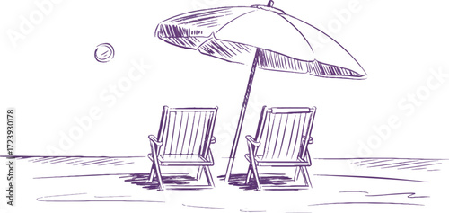 A sketch of two beach chairs and an umbrella with a ball in the sky on a white background