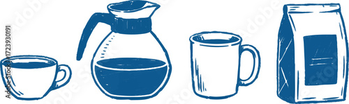 Illustration of coffee cup coffee pot mug and bag in blue outline on a white background image
