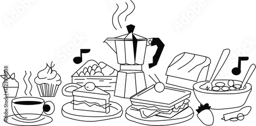 A delightful breakfast spread featuring coffee, pastries, cereal, and sandwiches in line art style