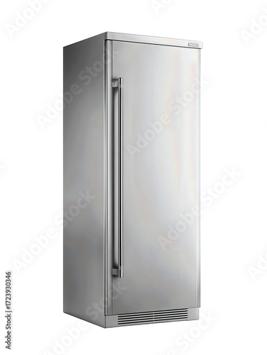 Slim stainless refrigerator with single door and brushed finish, isolated on transparent background.
