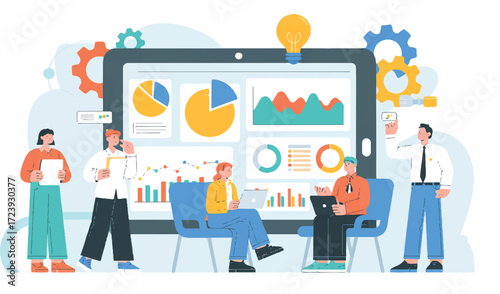 Team analyzing data on a large screen with charts graphs and an idea lightbulb above the screen