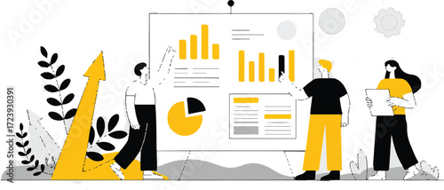 Team presenting data on whiteboard with charts and graphs during business meeting illustration