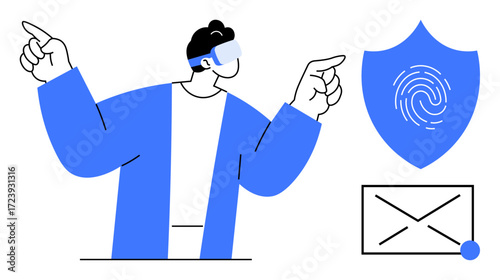 Man wearing VR headset pointing to shield with fingerprint and email icon, emphasizing technology. Ideal for cybersecurity, VR innovation, privacy, email safety, identity verification, data