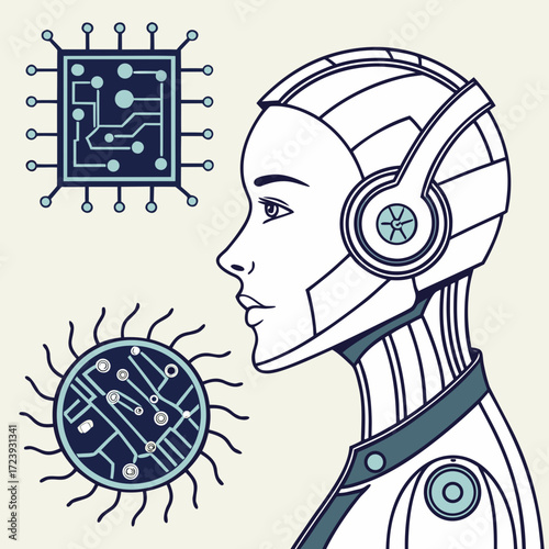 Illustration of a female android with visible internal mechanisms, showcasing artificial intelligence and futuristic technology the design emphasizes the fusion of human and machine