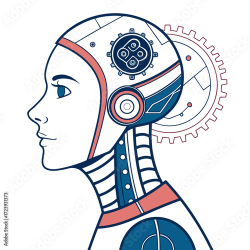 Illustration of a futuristic female robot with visible gears and mechanical components, showcasing a blend of human and machine elements