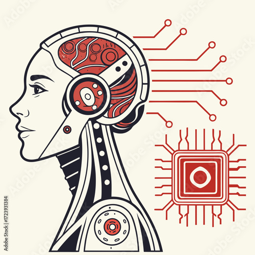 Illustration of a female robot with visible internal mechanisms, showcasing artificial intelligence and futuristic technology the design emphasizes the fusion of human and machine